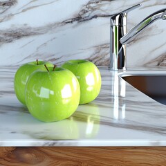 Three glossy green s on a marble countertop in a sunny compact kitchen with wooden cabinets and elegant decor details