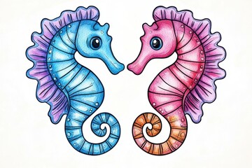 Adorable stylized watercolor illustration of two seahorses in intricate stained glass style, one light blue and one pink-orange