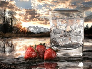 Sunset-Hued Glass Filled with Sparkling Water and Ice Beside Ripe Strawberries on Weathered Log at Stunning Sunset View
