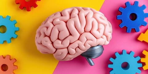 Vibrant pink brain model surrounded by colorful interlocking gears showcasing the complex workings of human cognition and thought