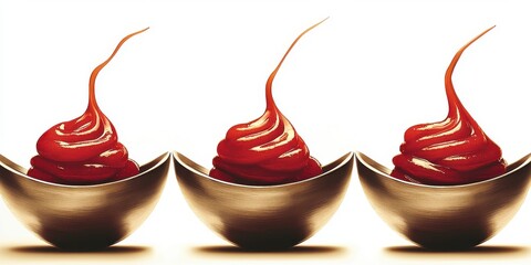 Three Glossy Ceramic Bowls Filled with Vibrant Red Swirls of Glossy Viscous Substance in a Chic Ketchup Presentation Style
