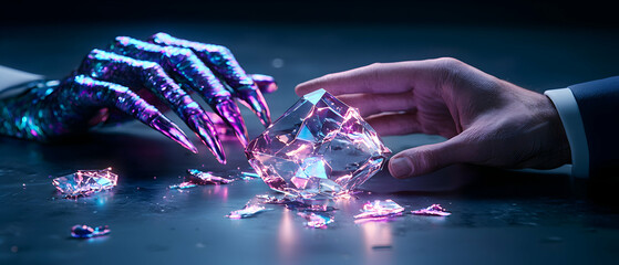 A demonic hand reaching for a large crystal. A human hand attempts to grasp it instead. Illustrates a struggle for a precious object or power.