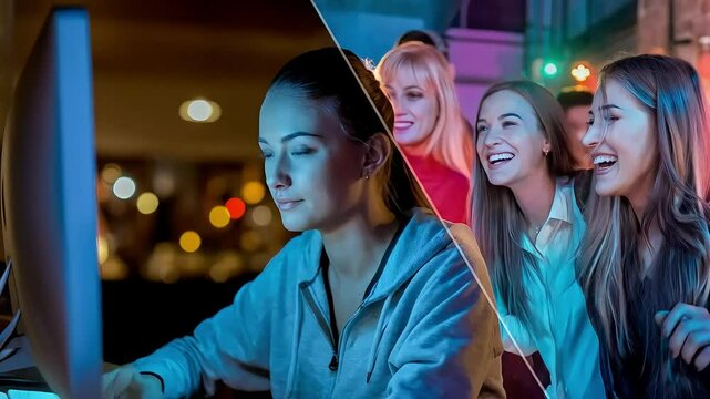 A young woman uses a computer at night while a group enjoys a lively, brightly lit party