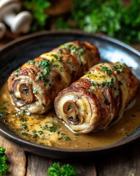 Savory pork roulades stuffed with mushrooms and cheese covered in a rich sauce and garnished with fresh parsley