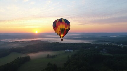 Obraz premium Hot air balloon soaring over misty valley at sunrise.