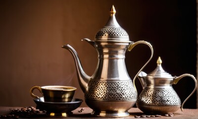 Steaming Coffee in Ornate Silver Coffee Set on Dark Wooden Table