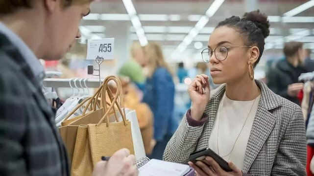 A woman wearing glasses and a blazer looks thoughtfully while holding a phone in a store