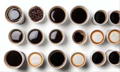 Variety of Coffee Drinks in Paper Cups on White Background