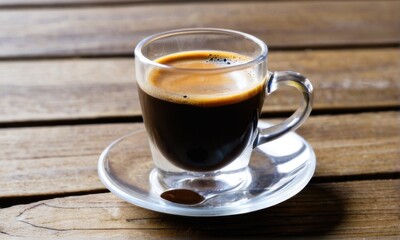 Fototapeta premium Dark Espresso in Clear Glass on Rustic Wood