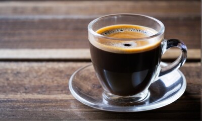 Fototapeta premium Dark Espresso in Clear Glass Cup on Dark Wood