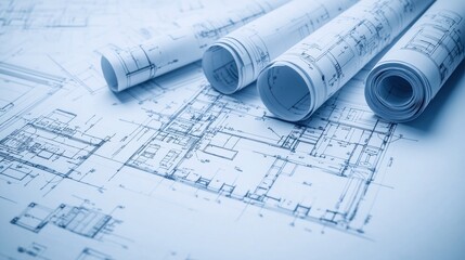 Architectural and engineering blueprints plans and technical diagrams drawn on paper with geometric patterns and blue toned color scheme  Conceptual background for design construction development