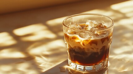 An iced coffee drink with cream and ice cubes is presented gracefully