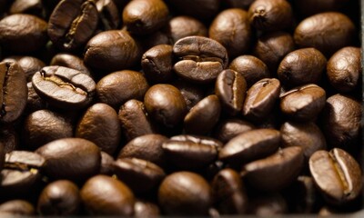 Fototapeta premium Rich Dark Brown Roasted Coffee Beans Close Up