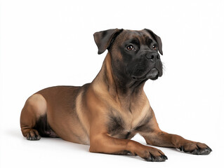 Obraz premium Boxer dog lying down in a relaxed position against a white background