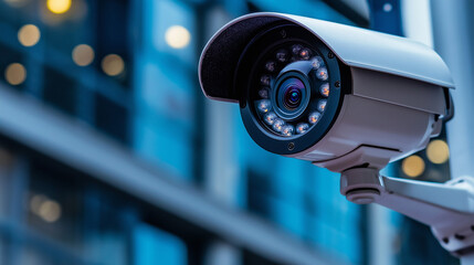 Security camera monitors urban environment in modern city at dusk to ensure safety and surveillance