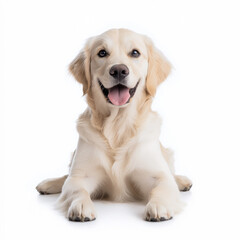 Obraz premium Golden retriever puppy lies on white background displaying a cheerful expression and playful demeanor while relaxing