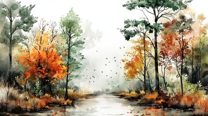 Fototapeta premium Vibrant hues in a watercolor painting reflect the beauty of autumn rain amidst lush forest foliage.