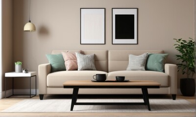 Beige Sofa and Wooden Coffee Table in Minimalist Living Room