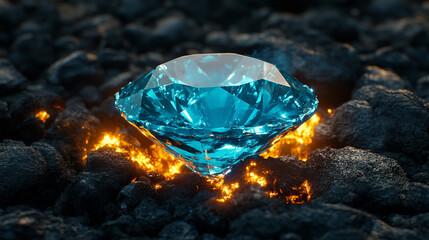 A glowing blue gemstone emerges from dark coals, symbolizing transformation, resilience, and hidden potential, with a dramatic contrast and captivating light emanating from its core.

