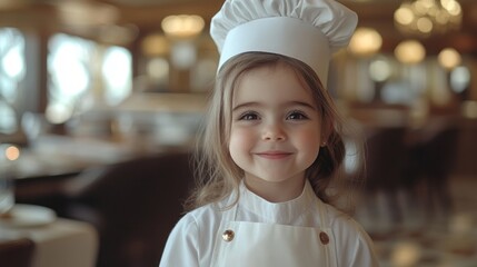 Young girl dressed in chef attire smiling sweetly at camera