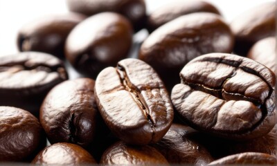 Naklejka premium Close up of Dark Brown Roasted Coffee Beans, Rich Texture and Subtle Shine