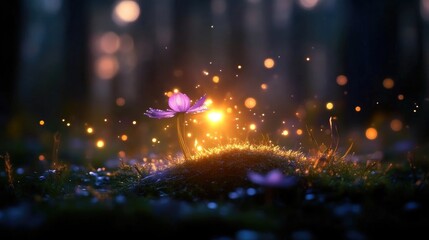 Magical flower in a mystical forest.  A single, delicate flower bathed in ethereal light, surrounded by sparkling particles and a bokeh forest backdrop