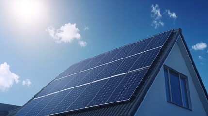 Fototapeta premium Solar Panels on a House Roof under a Sunny Sky