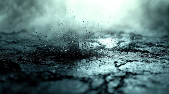 Dark, cracked surface with impact, smoke, and debris
