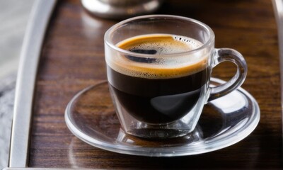 Fototapeta premium Dark Espresso in Clear Glass Cup on Wooden Surface
