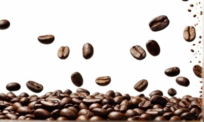 Falling Dark Brown Coffee Beans on White Background