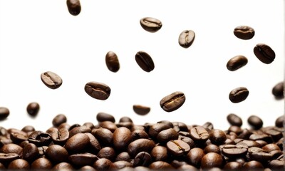 Falling Dark Brown Coffee Beans on White Background
