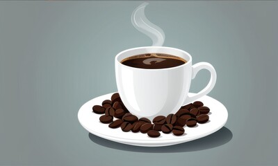 Steaming Coffee Cup with Roasted Beans on Gray Background