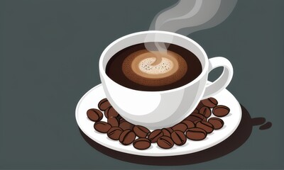 Obraz premium Pixel Art Illustration of Steaming Coffee Cup and Beans