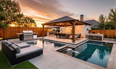 Fototapeta premium Luxury Backyard Oasis with Infinity Pool and Outdoor Kitchen at Sunset