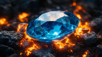 A glowing blue gemstone emerges from dark coals, symbolizing transformation, resilience, and hidden potential, with a dramatic contrast and captivating light emanating from its core.

