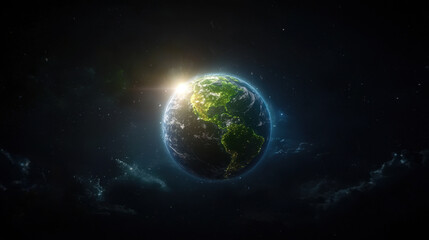 Naklejka premium stunning view of Earth from space, showcasing vibrant continents illuminated by city lights against dark cosmic background. image evokes sense of wonder and connection to our planet