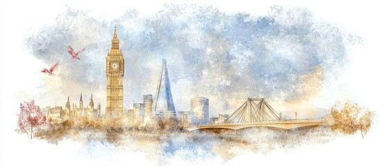 Obraz premium Iconic London Skyline with Big Ben and River Thames on a Cloudy Day Panoramic View of the Historic Urban Cityscape and Landmarks in the United Kingdom