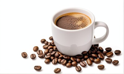 Obraz premium White Coffee Cup on Roasted Coffee Beans Against White Background