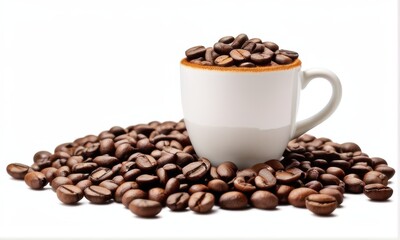 Obraz premium Espresso Cup and Coffee Beans on White Background