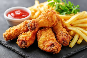 crispy fried chicken drumsticks, French fries, arranged casually around the drumsticks with red ketchup.