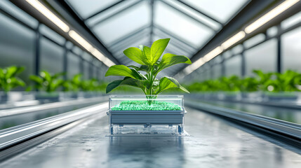 Inside a futuristic greenhouse system with advanced plant cultivation technology. Suggests precision agriculture for efficient food production. The future of farming.