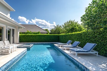 Quiet suburban backyard pool with modern sun loungers and neatly trimmed hedges.