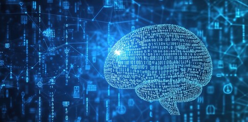 Futuristic AI Concept: A Digital Brain Amidst Flowing Binary Code on a Blue Background