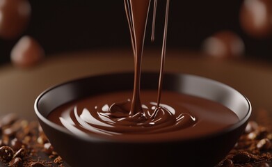 Close-up macro shot of dark, molten chocolate being poured into a dark-colored bowl. The chocolate is highly viscous, exhibiting a glossy, smooth texture with visible swirls as it flows.  Coffee