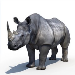 Fototapeta premium A full-body, frontal view of a digitally rendered grey rhinoceros. The image showcases the animal's detailed texture, emphasizing the folds and wrinkles of its thick skin. The lighting is even,
