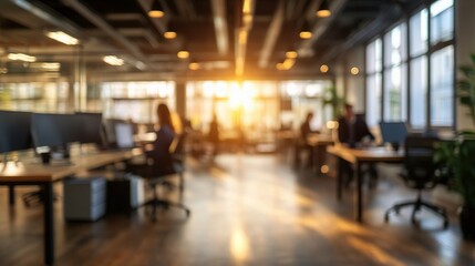 Modern Office Space with Blurred People Working During Sunset