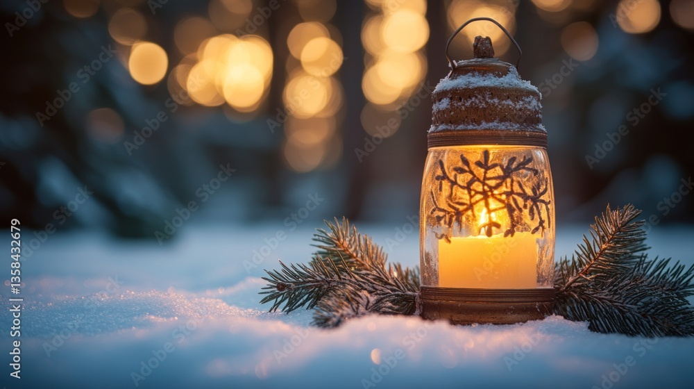 Poster Illuminated lantern with snowflake design sits in snowy scene at dusk.