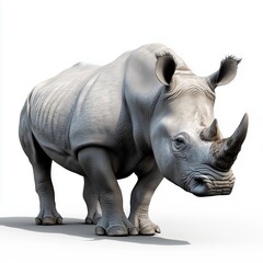 Fototapeta premium A full-body, eye-level studio shot of a white rhinoceros against a plain white background. The image features a high level of detail, showcasing the rhino's thick, grey hide, prominent horn, and