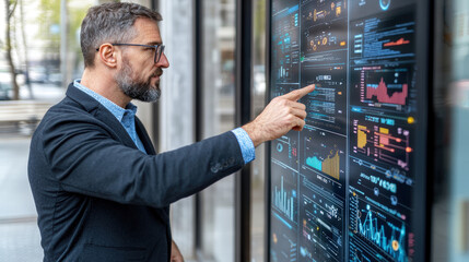 professional man analyzing data on digital display, showcasing various graphs and statistics in modern urban environment. His focused expression reflects importance of information