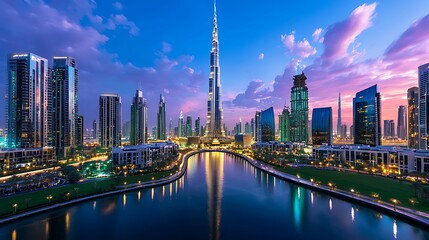 Dubai Skyline Sunset Reflection.